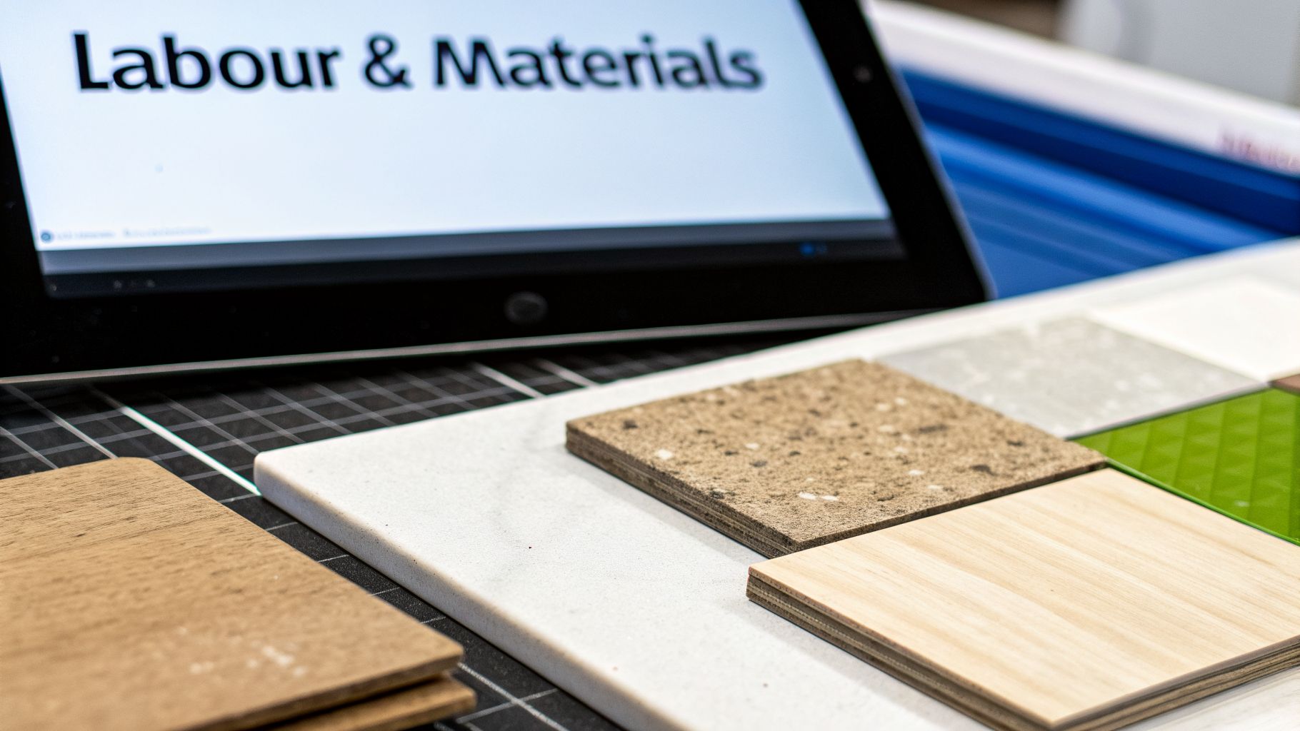 Tablet displaying 'Labour & Materials' with various building material samples, including wood and stone, on a design table.