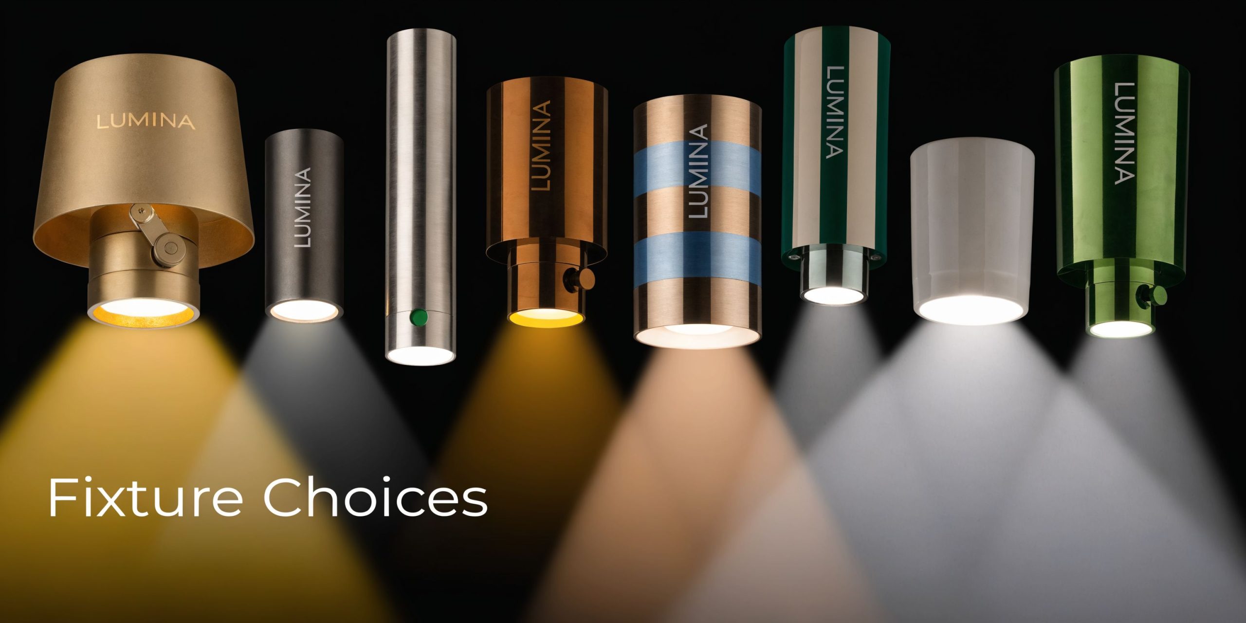 A collection of various decorative Lumina downlight fixtures displayed against a black background with illuminated light beams.