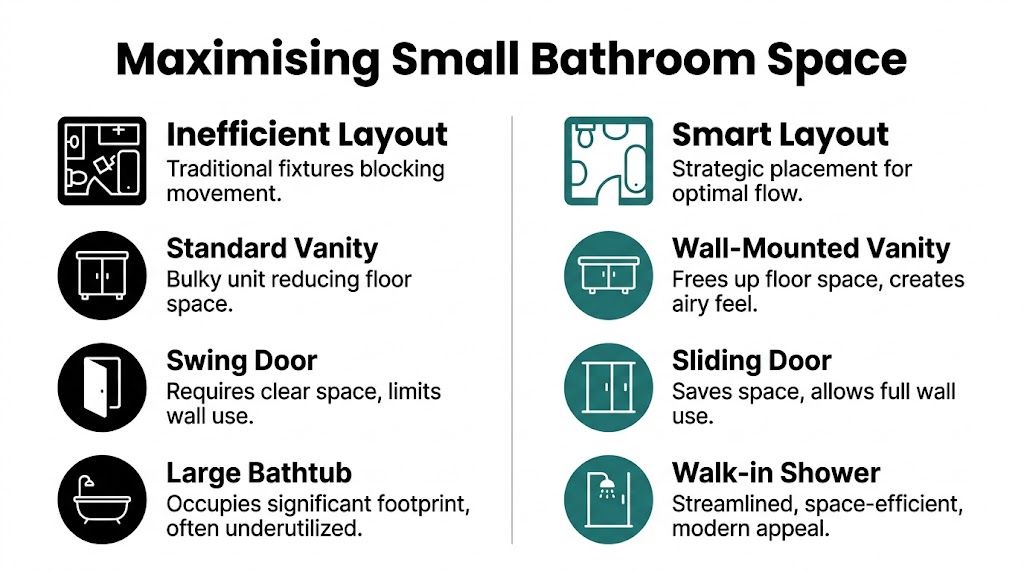 A comparison chart showing inefficient versus smart bathroom layout design tips for small spaces.