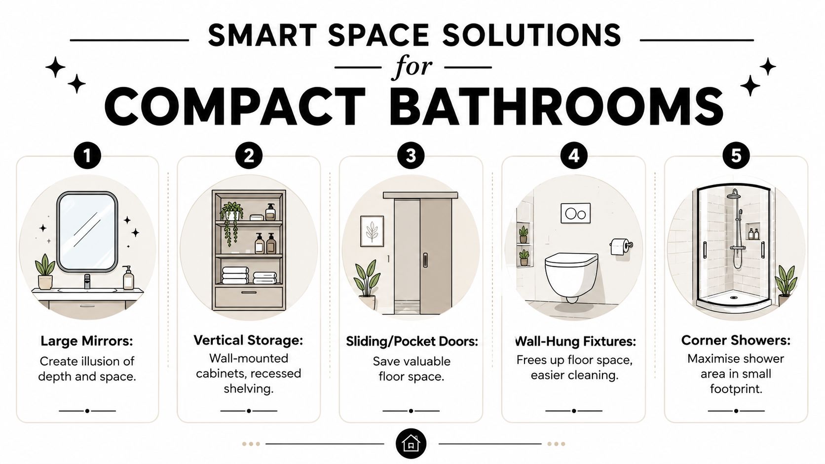 A five-point infographic titled smart space solutions for compact bathrooms with tips for small bathrooms.