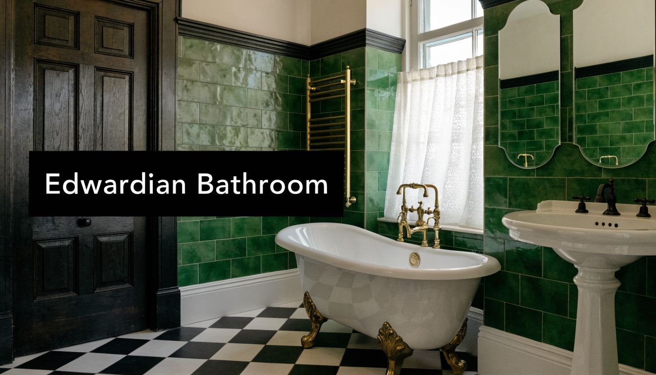 An elegant Edwardian bathroom featuring green subway tiles, a white clawfoot bathtub, and black and white checkerboard flooring.