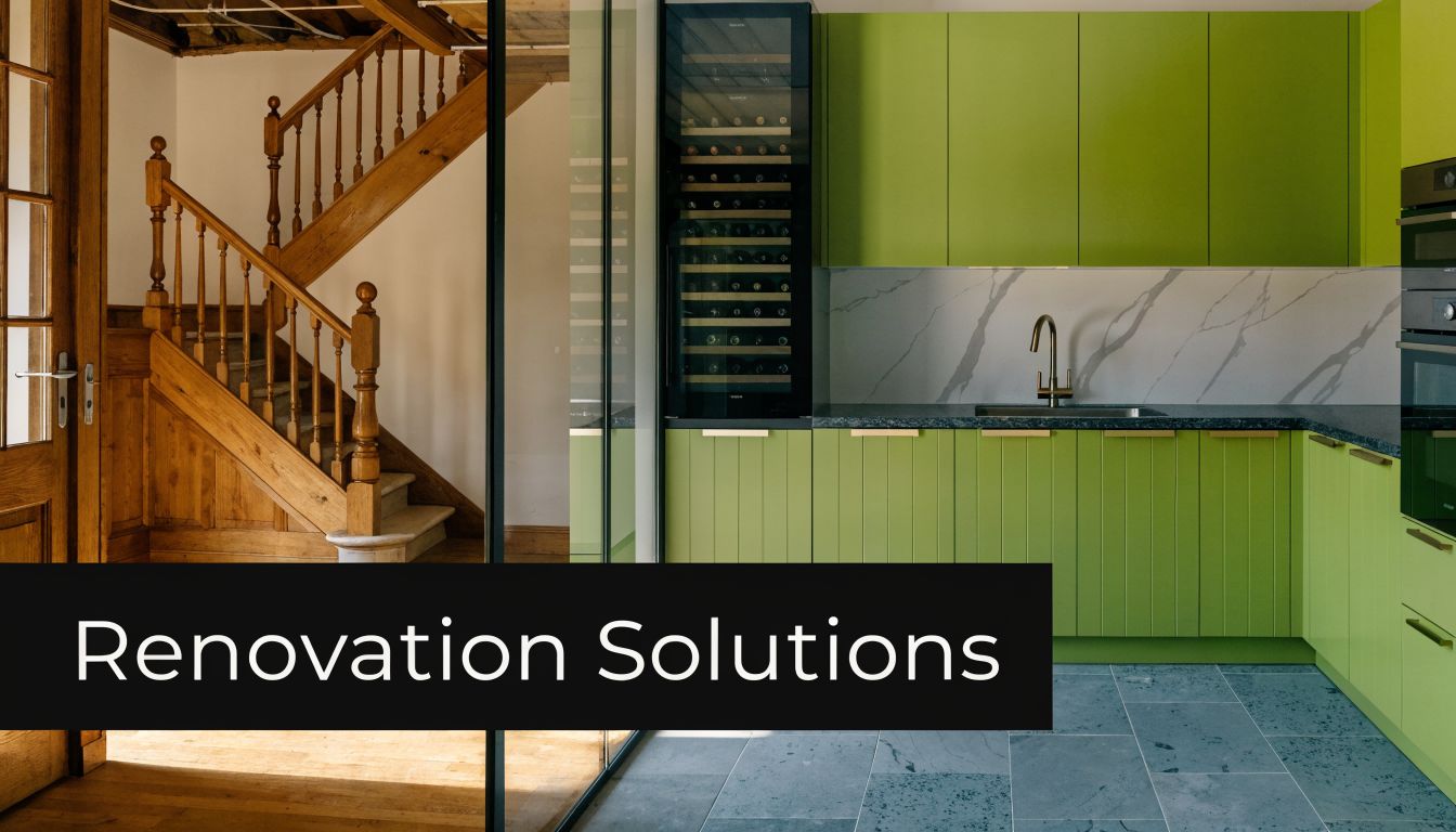 A bright lime green kitchen featuring marble backsplashes set beside a traditional wooden Edwardian staircase in Melbourne.
