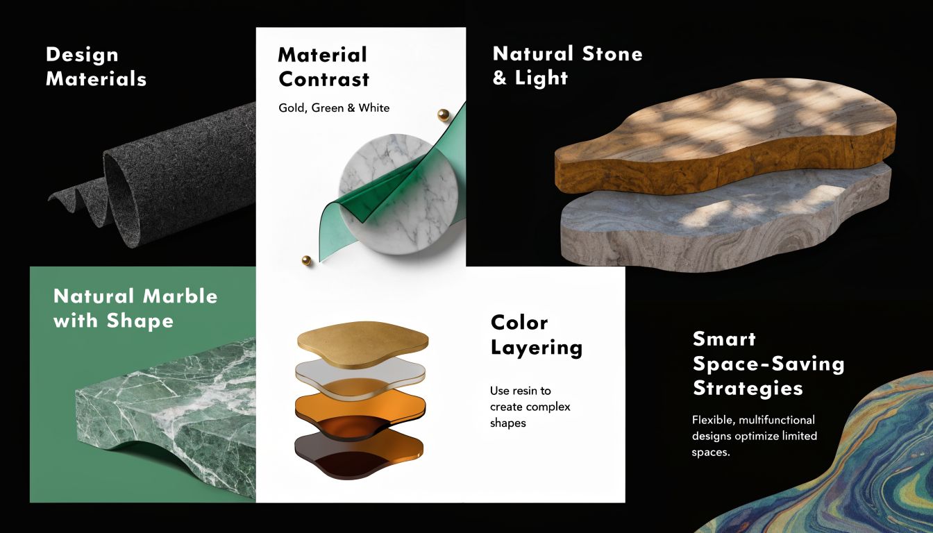 A visual collage showcasing modern luxury design elements including marble surfaces, colorful resin layering, and smart space-saving furniture.