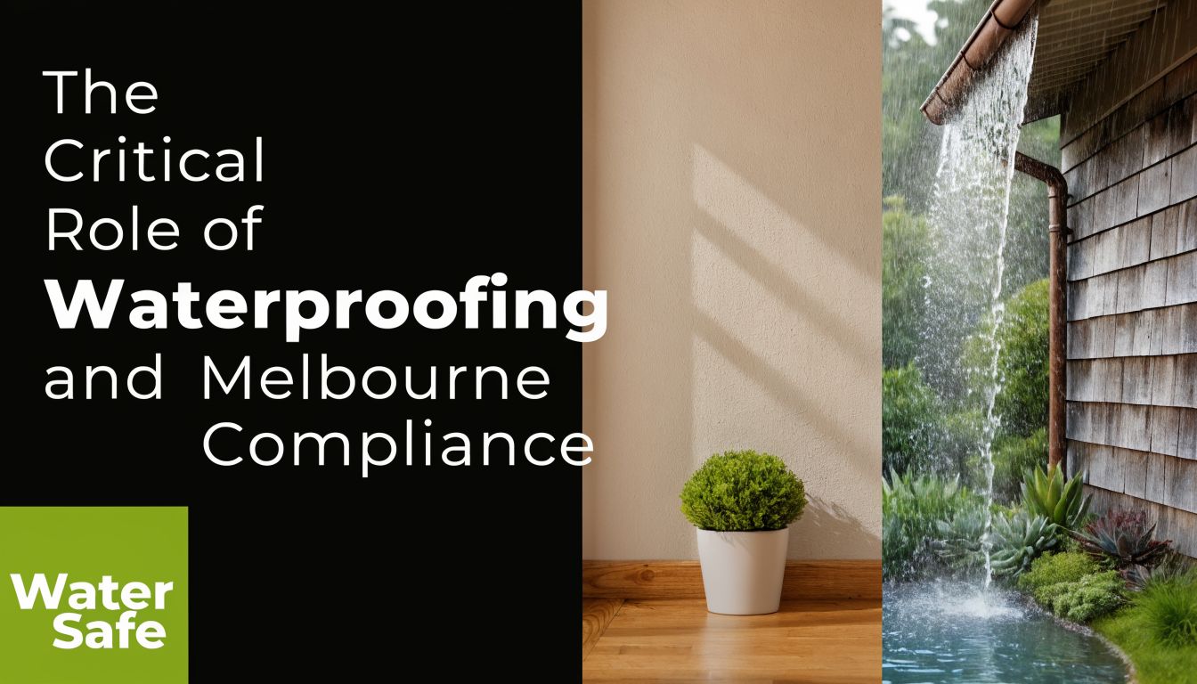 An educational graphic about waterproofing compliance in Melbourne featuring a house exterior during a rainstorm.