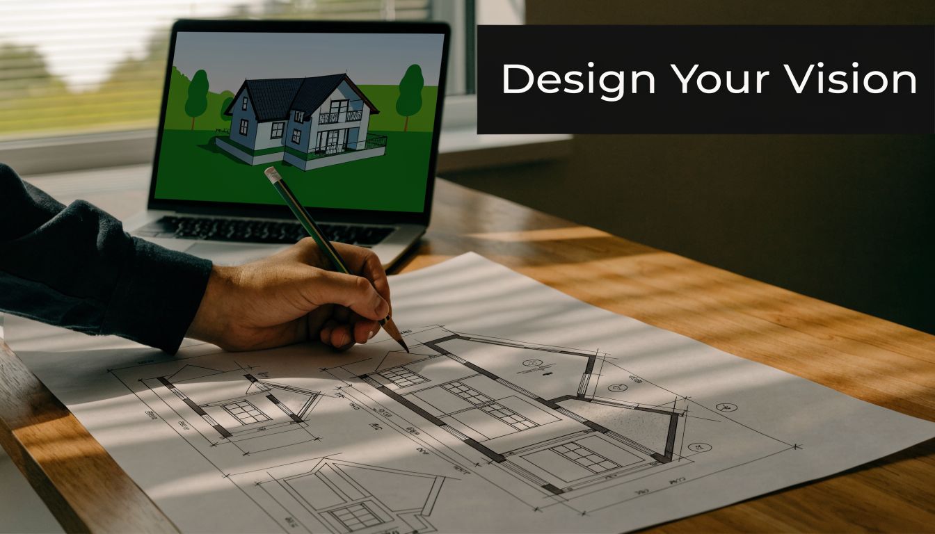 A professional architect sketching detailed house plans on paper with a laptop displaying a home rendering