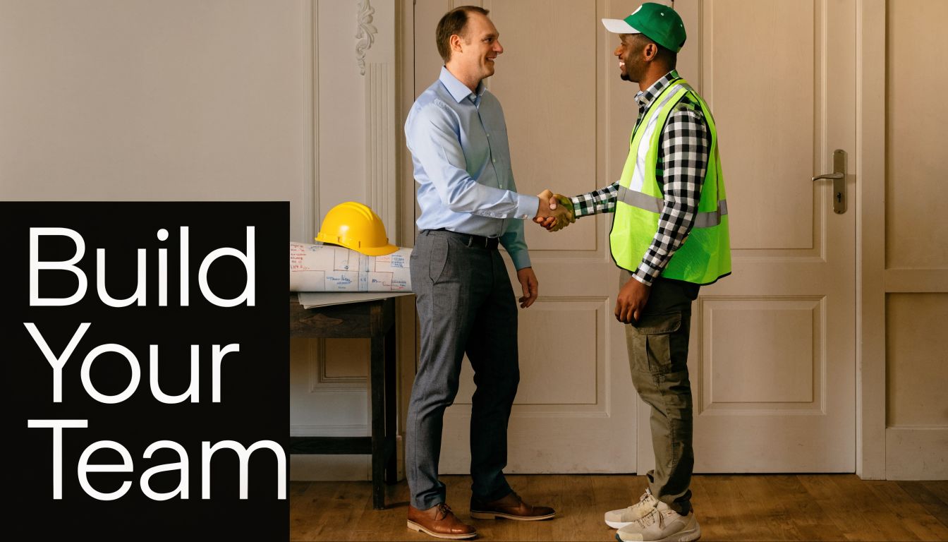 A professional in a blue shirt shaking hands with a construction worker wearing a neon vest.
