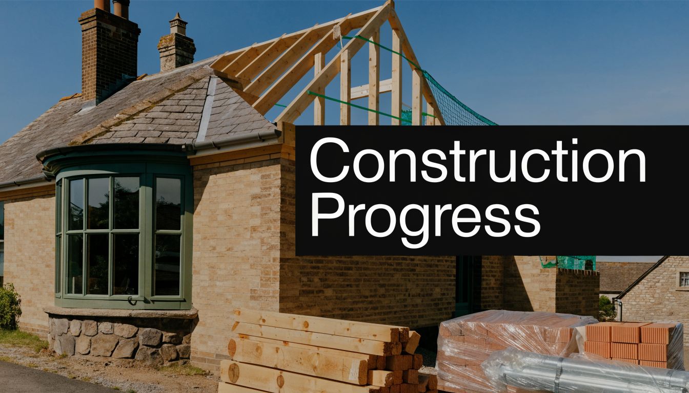 A house undergoing construction with timber roof framing and building materials on a sunny day.