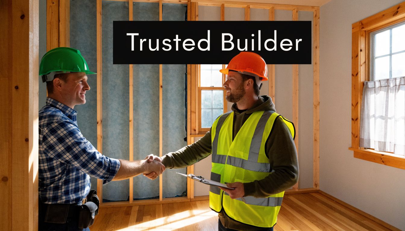 A professional builder in a green helmet and another in an orange helmet shaking hands on site.