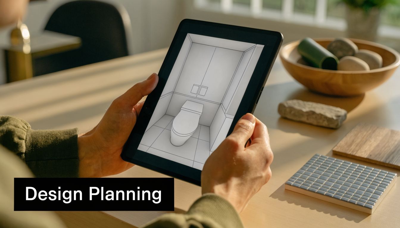 A person holds a tablet displaying a bathroom architectural design plan while sitting at a table.