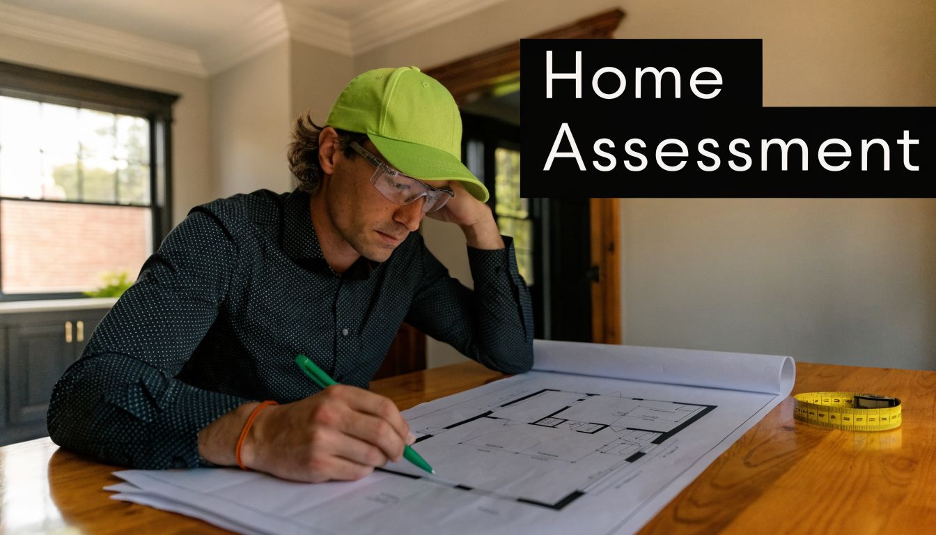 A professional home inspector in safety glasses and a cap reviewing architectural blueprints on a table.