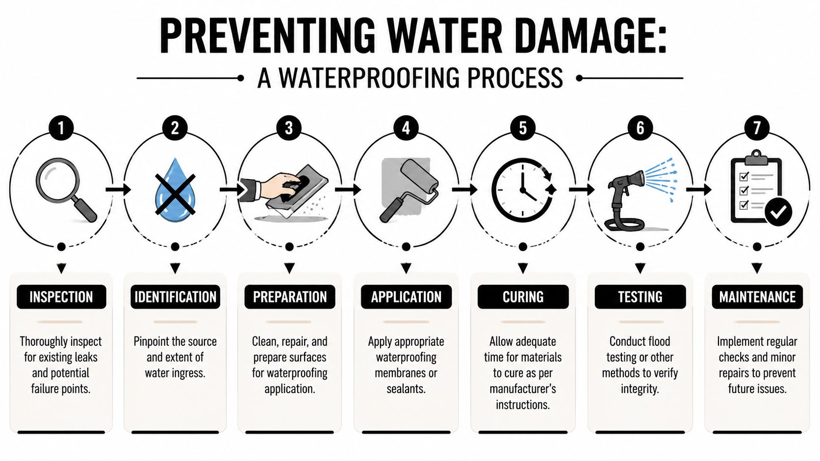 An infographic showing a seven-step waterproofing process for preventing water damage in buildings and homes.