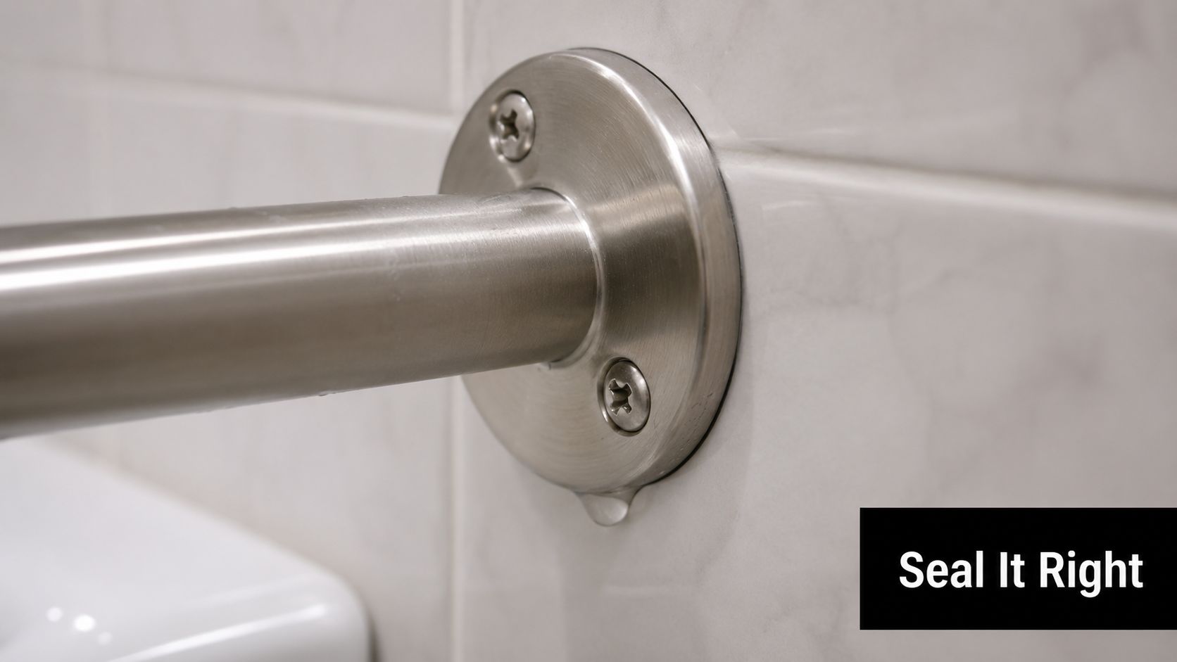 A close-up view of a metal grab rail flange securely installed on white bathroom wall tiles.