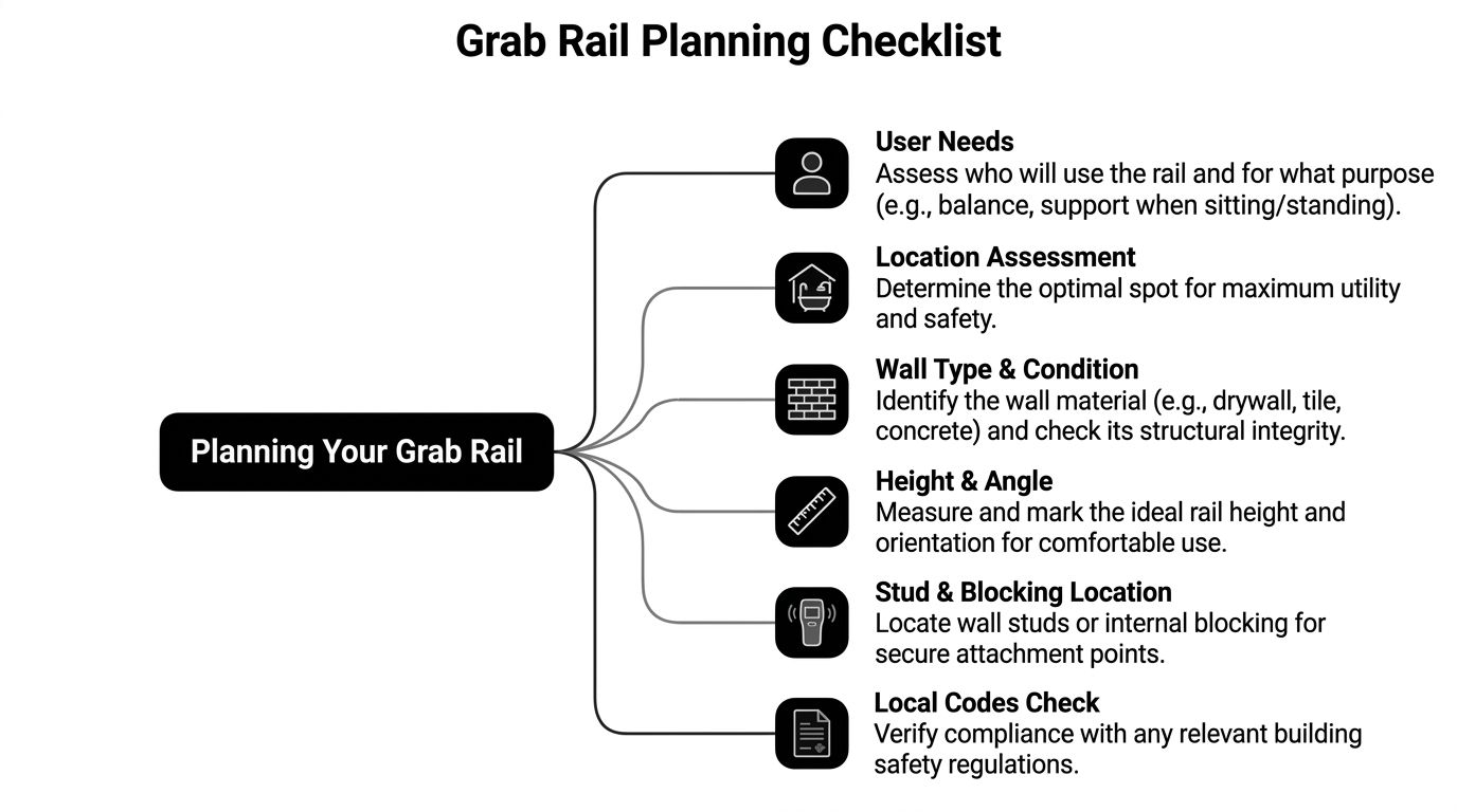 A checklist diagram outlining six key planning steps for professional and safe grab rail installation.
