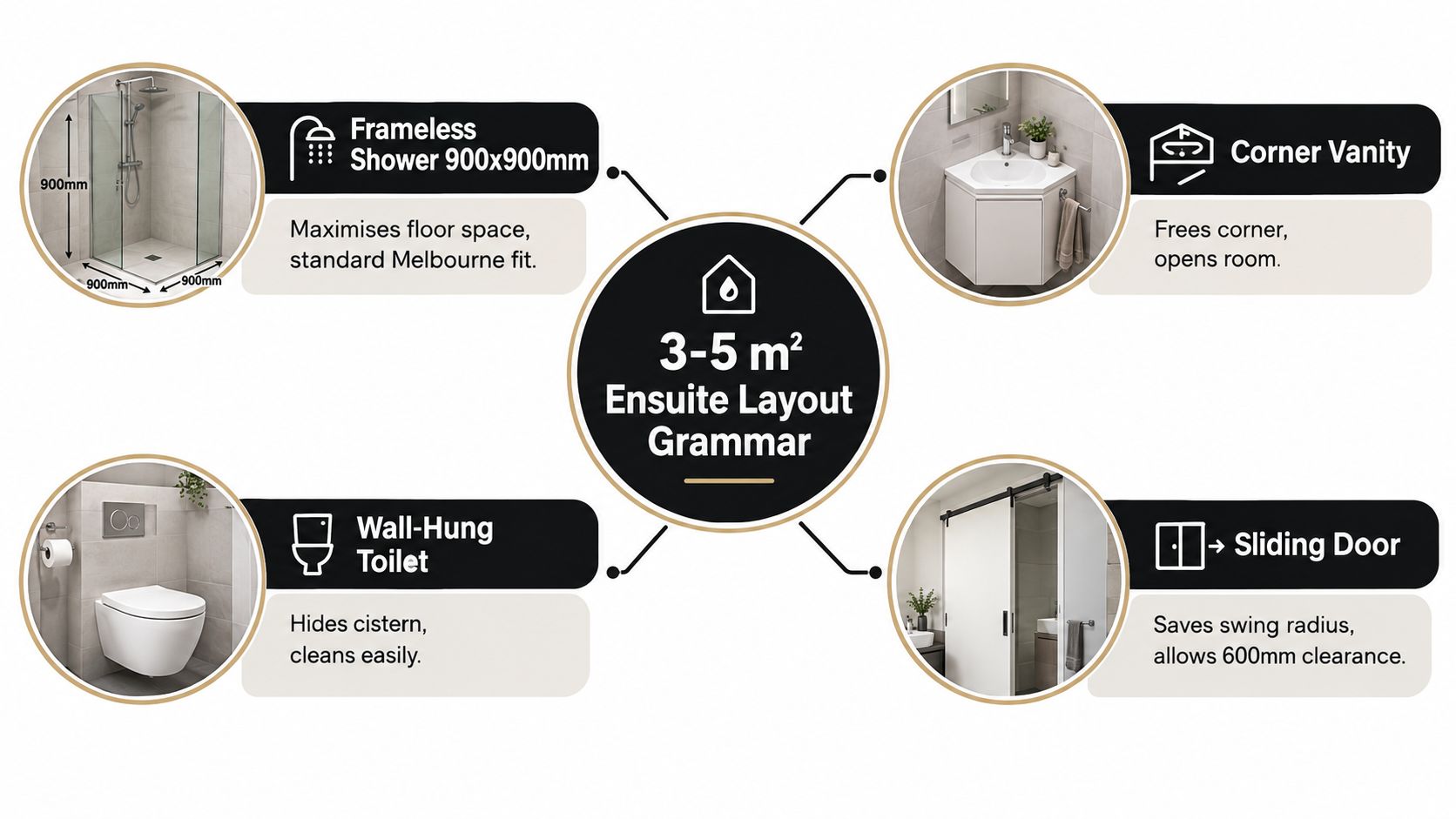 An infographic showing four essential space-saving design tips for a small 3-5 square meter ensuite bathroom layout.