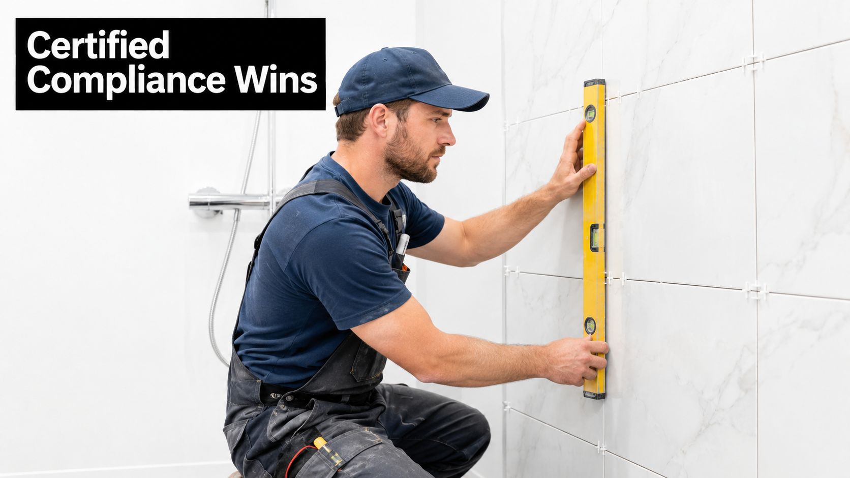 A professional construction worker uses a level tool to ensure wall tiles are perfectly vertical in a bathroom.